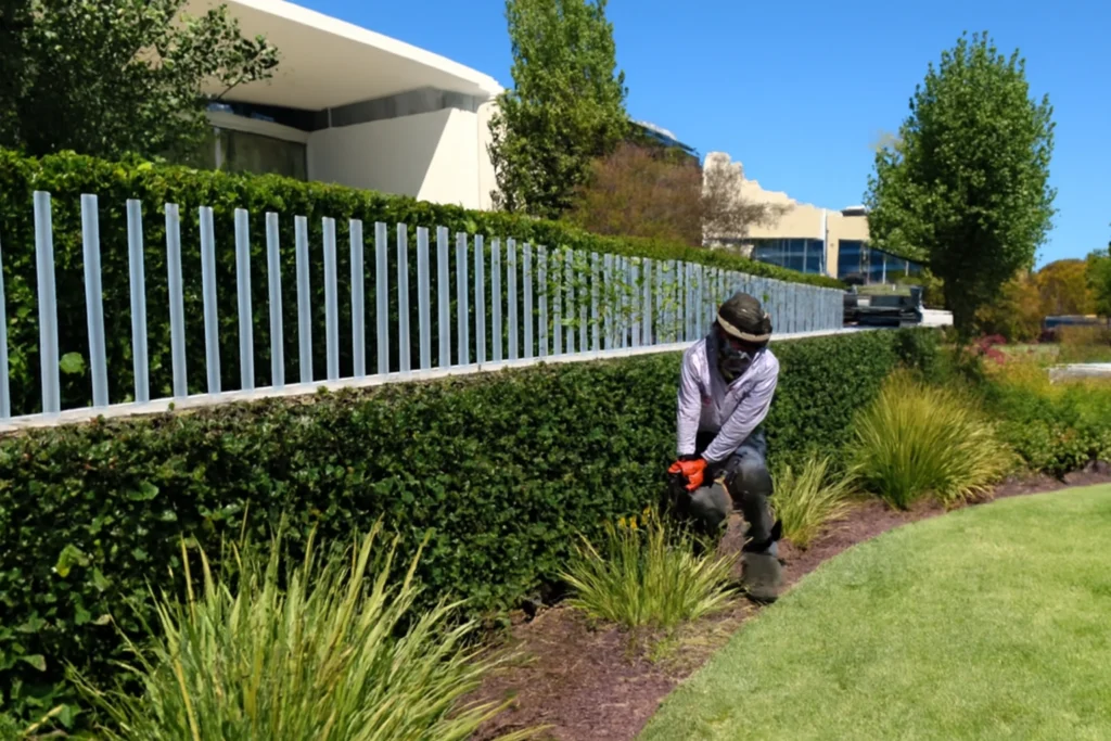 A landscaper trimming a lush hedge with a hedge trimmer in front of a modern building on a sunny day, with ornamental grasses and trees in the background.