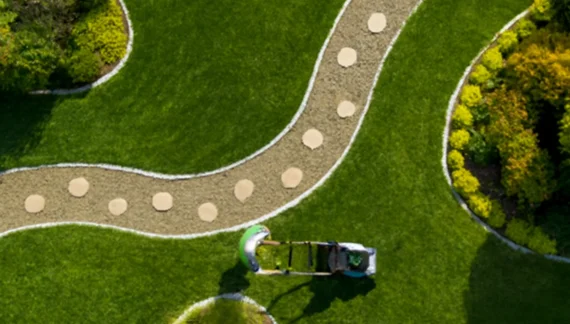 Aerial view of a gardener mowing a well-maintained lawn with a green mower, following a winding gravel path with round stepping stones, surrounded by vibrant plants and neatly trimmed grass.