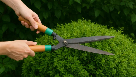 Professional gardener trimming a green hedge with shears — expert garden maintenance by Grow Gardening Services Perth.
