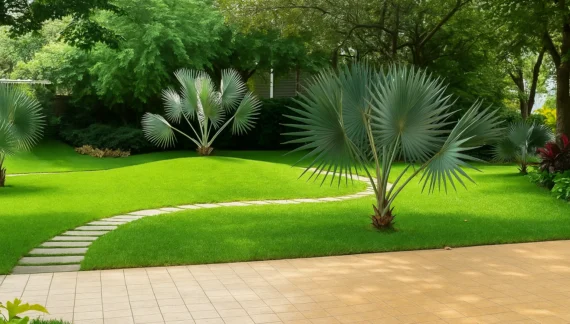 Beautifully maintained garden with lush green lawn and tropical plants — expert local gardening services for a neat and vibrant outdoor space.