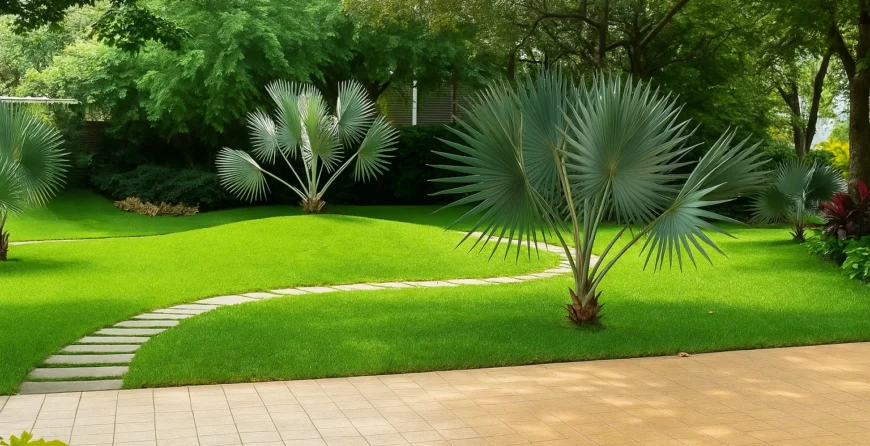 Beautifully maintained garden with lush green lawn and tropical plants — expert local gardening services for a neat and vibrant outdoor space.
