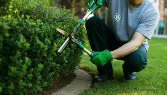 A professional gardener trimming green bushes in a well-maintained lawn, representing the best local gardening services for neat and healthy outdoor spaces.