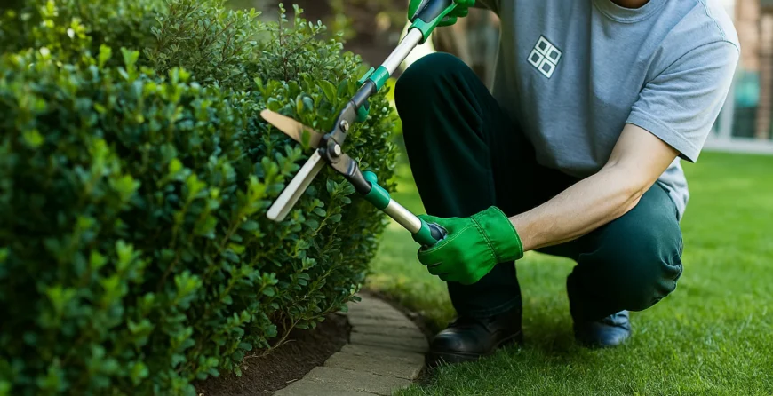 A professional gardener trimming green bushes in a well-maintained lawn, representing the best local gardening services for neat and healthy outdoor spaces.