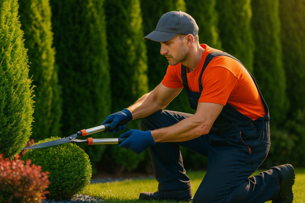Professional gardener performing garden maintenance in Perth, trimming bushes with shears in a well-kept yard.