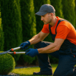 Professional gardener performing garden maintenance in Perth, trimming bushes with shears in a well-kept yard.