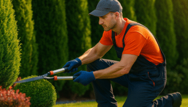 Professional gardener performing garden maintenance in Perth, trimming bushes with shears in a well-kept yard.