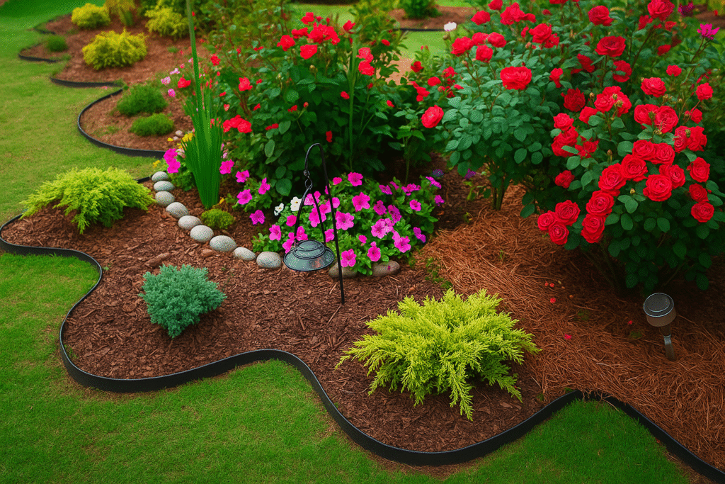 A beautifully maintained home garden with vibrant flowers, lush green plants, and neatly edged flower beds — representing professional home gardening services that enhance outdoor spaces with expert care and design.