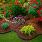 A beautifully maintained home garden with vibrant flowers, lush green plants, and neatly edged flower beds — representing professional home gardening services that enhance outdoor spaces with expert care and design.