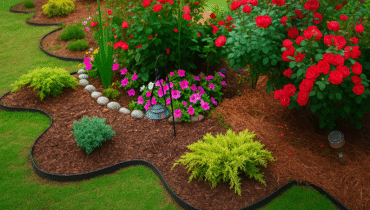 A beautifully maintained home garden with vibrant flowers, lush green plants, and neatly edged flower beds — representing professional home gardening services that enhance outdoor spaces with expert care and design.
