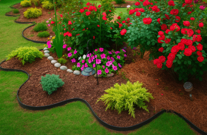 A beautifully maintained home garden with vibrant flowers, lush green plants, and neatly edged flower beds — representing professional home gardening services that enhance outdoor spaces with expert care and design.