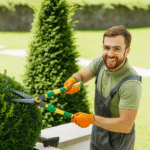 A friendly gardener from Grow Gardening Services trimming a neatly shaped bush in a sunny garden, representing professional and reliable local gardening services for beautifully maintained outdoor spaces.