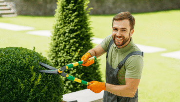 A friendly gardener from Grow Gardening Services trimming a neatly shaped bush in a sunny garden, representing professional and reliable local gardening services for beautifully maintained outdoor spaces.