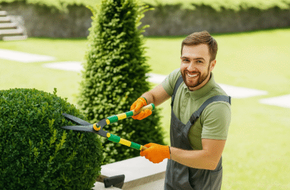 Local Gardening Services A friendly gardener from Grow Gardening Services trimming a neatly shaped bush in a sunny garden, representing professional and reliable local gardening services for beautifully maintained outdoor spaces.