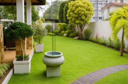 Professional home gardening services — well-maintained green lawn with trimmed plants, decorative pots, and neatly arranged landscape around a modern house.