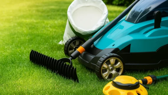Professional lawn and garden services featuring modern equipment, lush green grass, and expert maintenance for a healthy and beautiful outdoor space