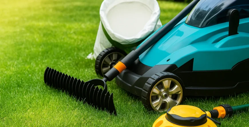 Professional lawn and garden services featuring modern equipment, lush green grass, and expert maintenance for a healthy and beautiful outdoor space