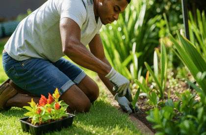 A professional gardener from Grow Gardening Services carefully planting flowers and maintaining a lush green garden, showcasing expert local gardening services for a healthy and vibrant outdoor space.