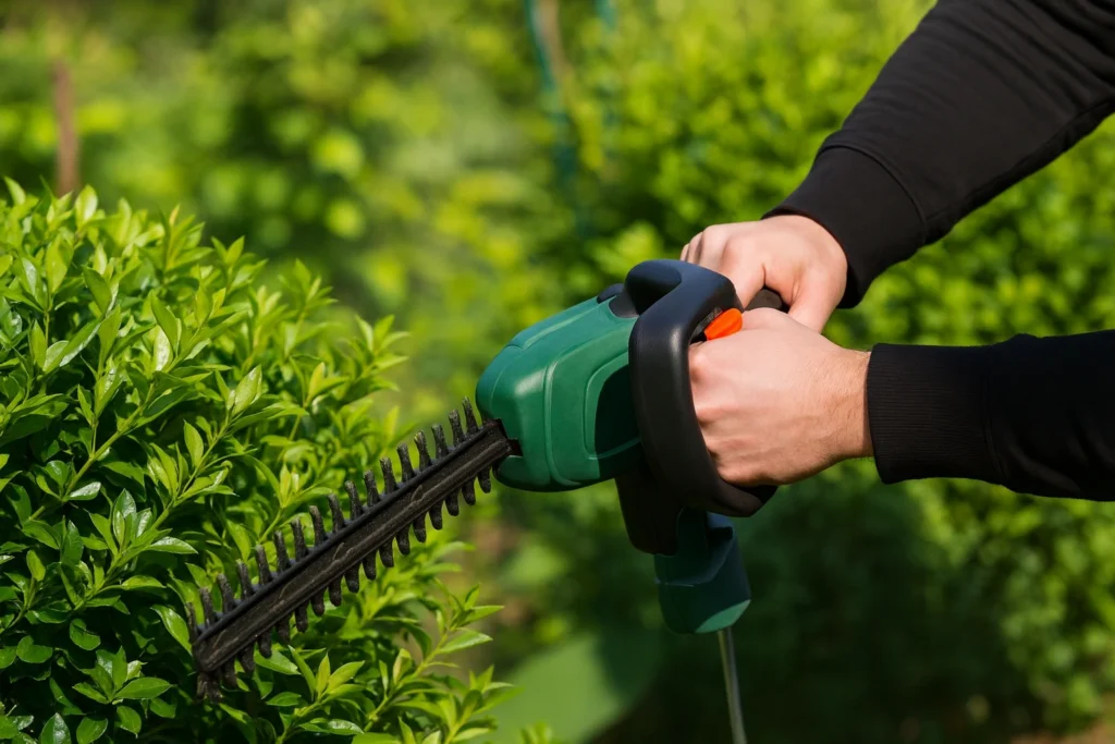 Professional gardener trimming hedges as part of local gardening services for home landscaping.