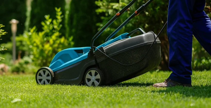 Worker mowing lawn as part of the best garden clean up services, keeping the grass neat and the garden well-maintained.