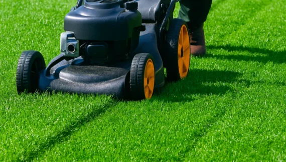 Professional yard cutting service with a worker mowing green grass using a lawn mower on a well-maintained lawn
